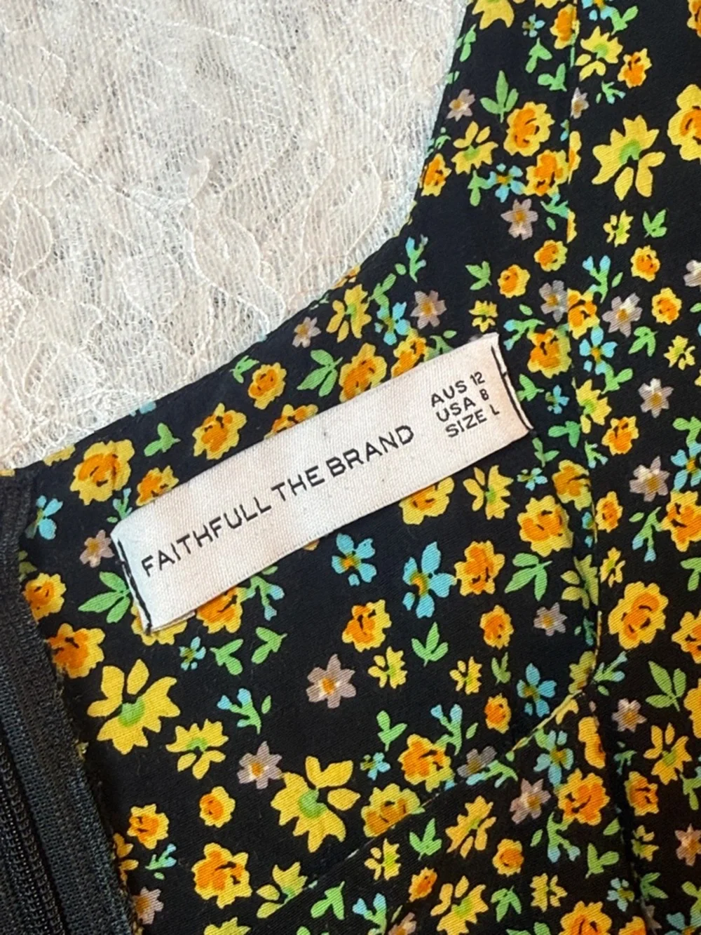Faithfull The Brand Black‎ Yellow Floral Puff Sleeve Midi Dress L Size 8